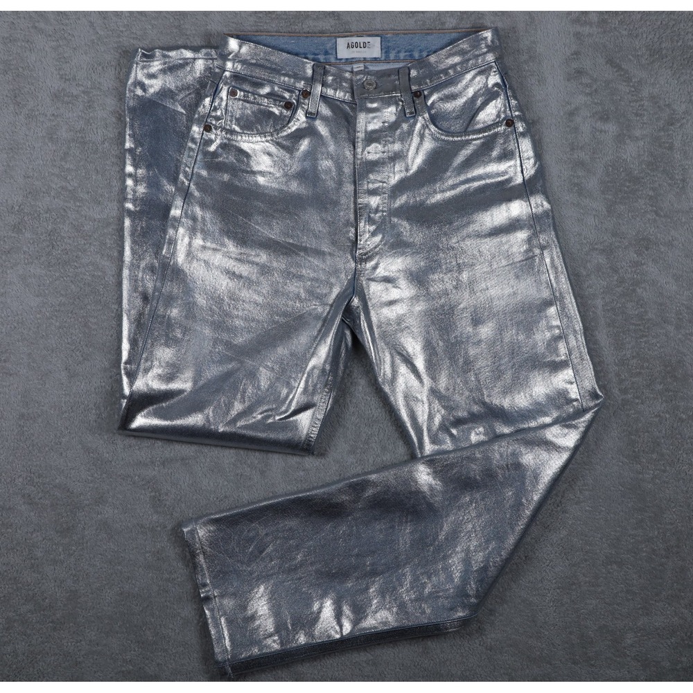 Agolde 90's Pinch High Rise Straight Jeans Womens 25 Metallic Silver Tin Foil